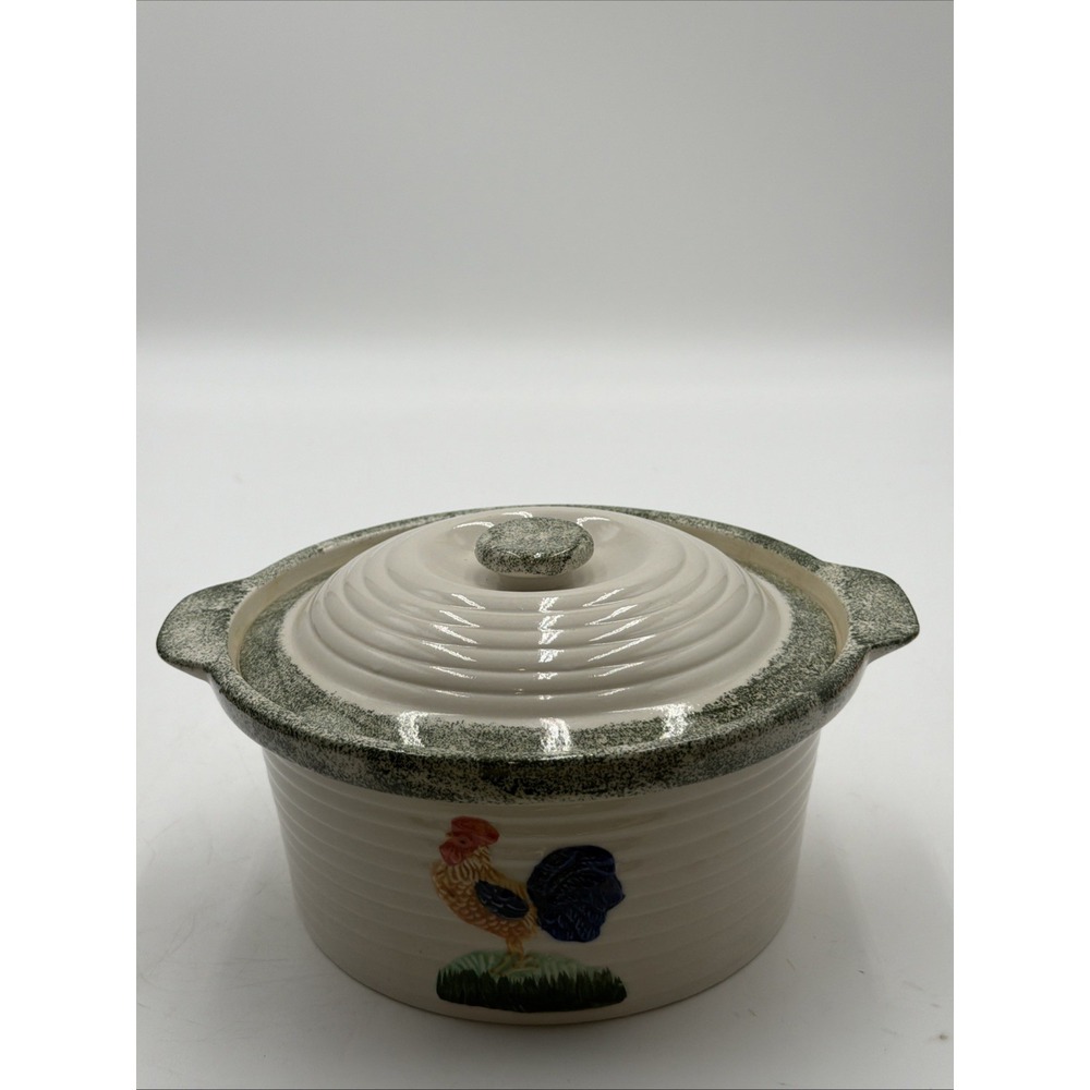 Vintage Alco Industries Round Stoneware Rooster Casserole Dish W/Lid Countryside